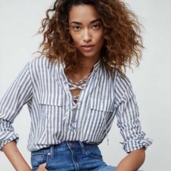 J. Crew Striped Lace-Up Long Sleeve Blouse Blue White Casual Linen Blend Sz M - Picture 1 of 6